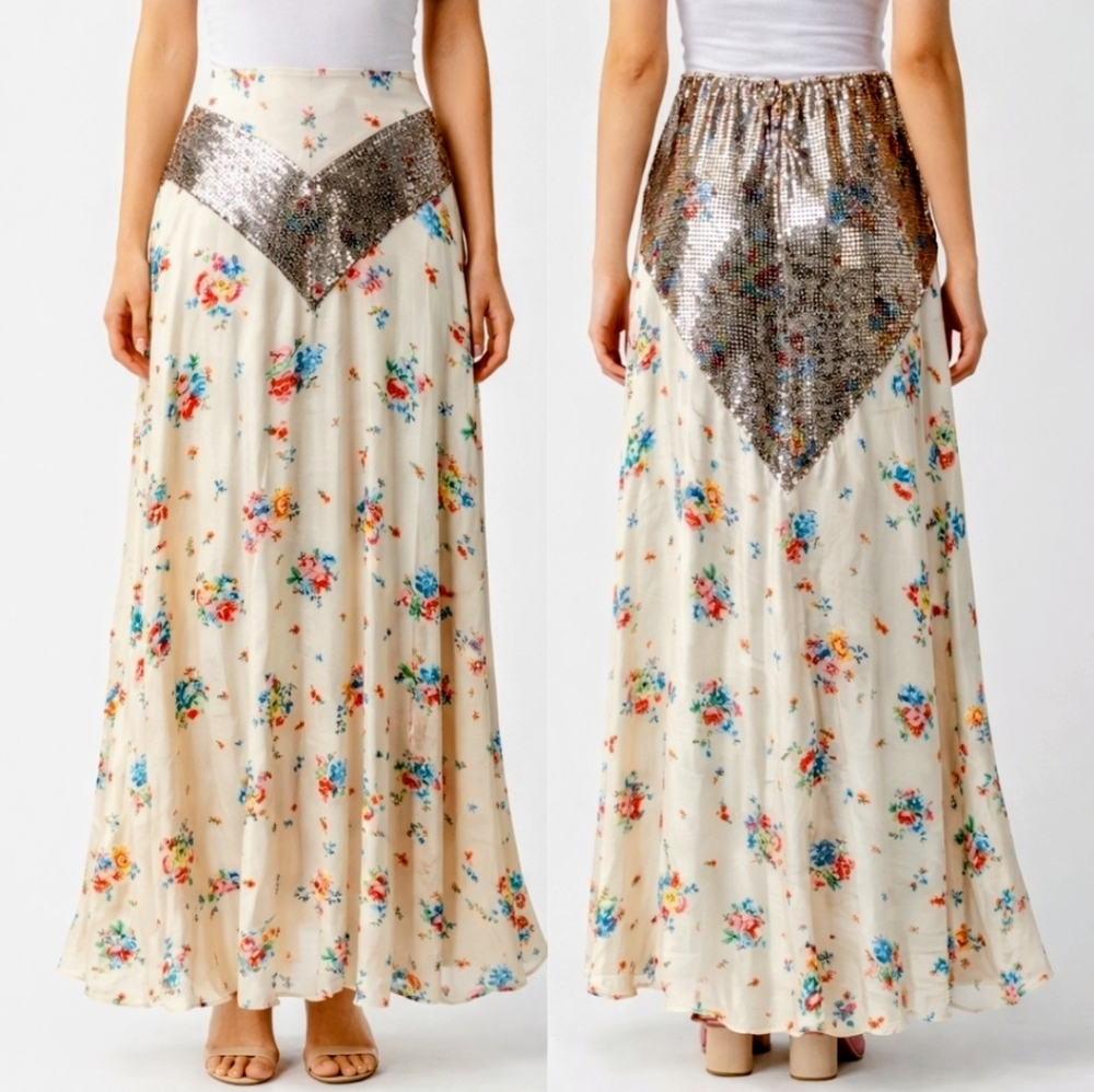 Rabanne Chainmail Sequin-Embellished Maxi Floral Metallic Skirt Multi Color NWT